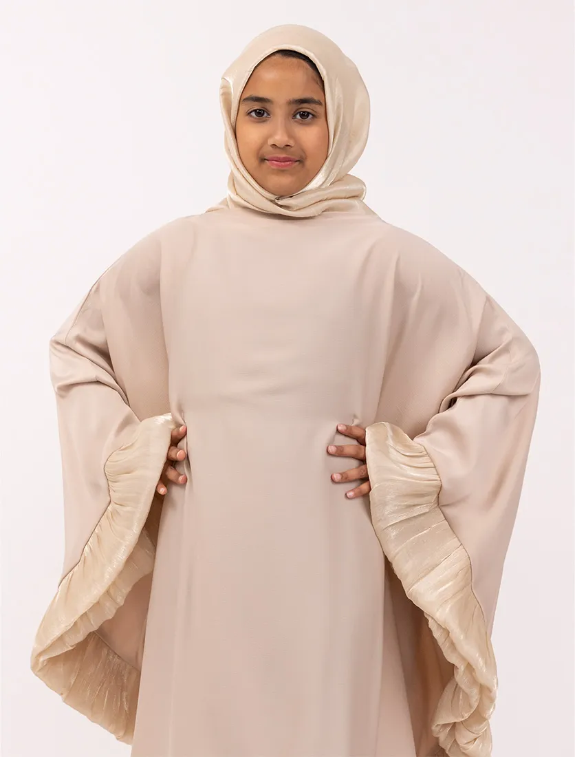 Beige Girls Organza Trim Kaftan